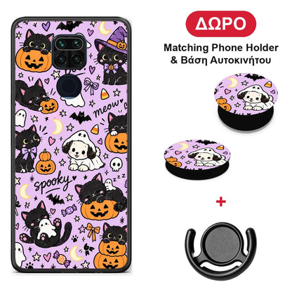 Halloween Black Cats on Lilac - Xiaomi Redmi Note 9 θήκη + Δώρο Phone Holder & Βάση Αυτοκινήτου