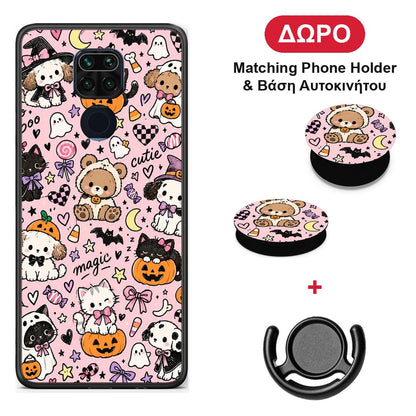Halloween Cute Animals on Pink - Xiaomi Redmi Note 9 θήκη + Δώρο Phone Holder & Βάση Αυτοκινήτου