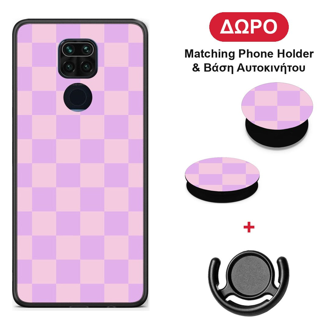 Lavender and Pink Checkerboard - Xiaomi Redmi Note 9 θήκη + Δώρο Phone Holder & Βάση Αυτοκινήτου