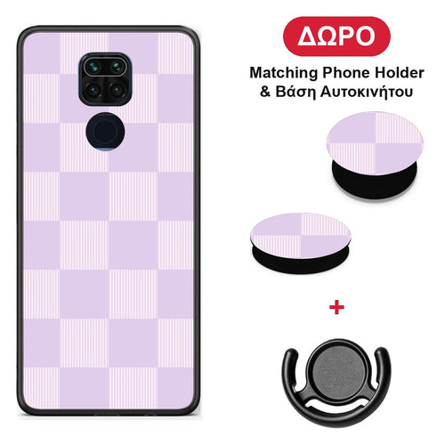 Lilac and Cream Striped Checks - Xiaomi Redmi Note 9 θήκη + Δώρο Phone Holder & Βάση Αυτοκινήτου