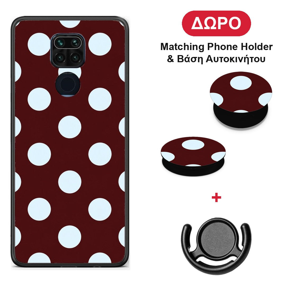 Pale Blue Large Polka Dots on Burgundy - Xiaomi Redmi Note 9 θήκη + Δώρο Phone Holder & Βάση Αυτοκινήτου
