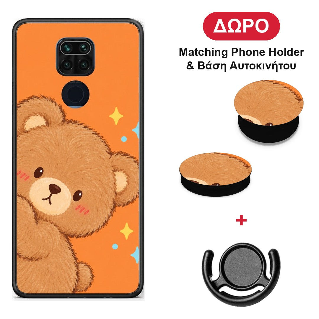 Peekaboo Teddy on Orange - Xiaomi Redmi Note 9 θήκη + Δώρο Phone Holder & Βάση Αυτοκινήτου