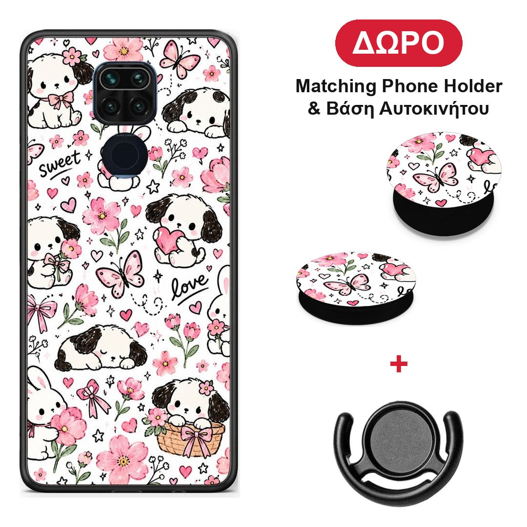 Pink Florals Puppies and Bunnies on White - Xiaomi Redmi Note 9 θήκη + Δώρο Phone Holder & Βάση Αυτοκινήτου