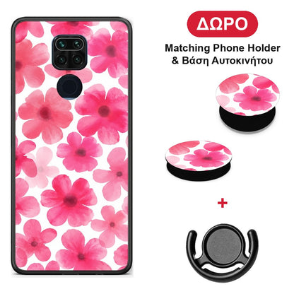 Pink Watercolour Flowers on White - Xiaomi Redmi Note 9 θήκη + Δώρο Phone Holder & Βάση Αυτοκινήτου