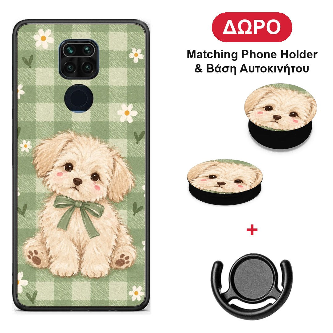 Puppy and Daisies on Sage Gingham - Xiaomi Redmi Note 9 θήκη + Δώρο Phone Holder & Βάση Αυτοκινήτου