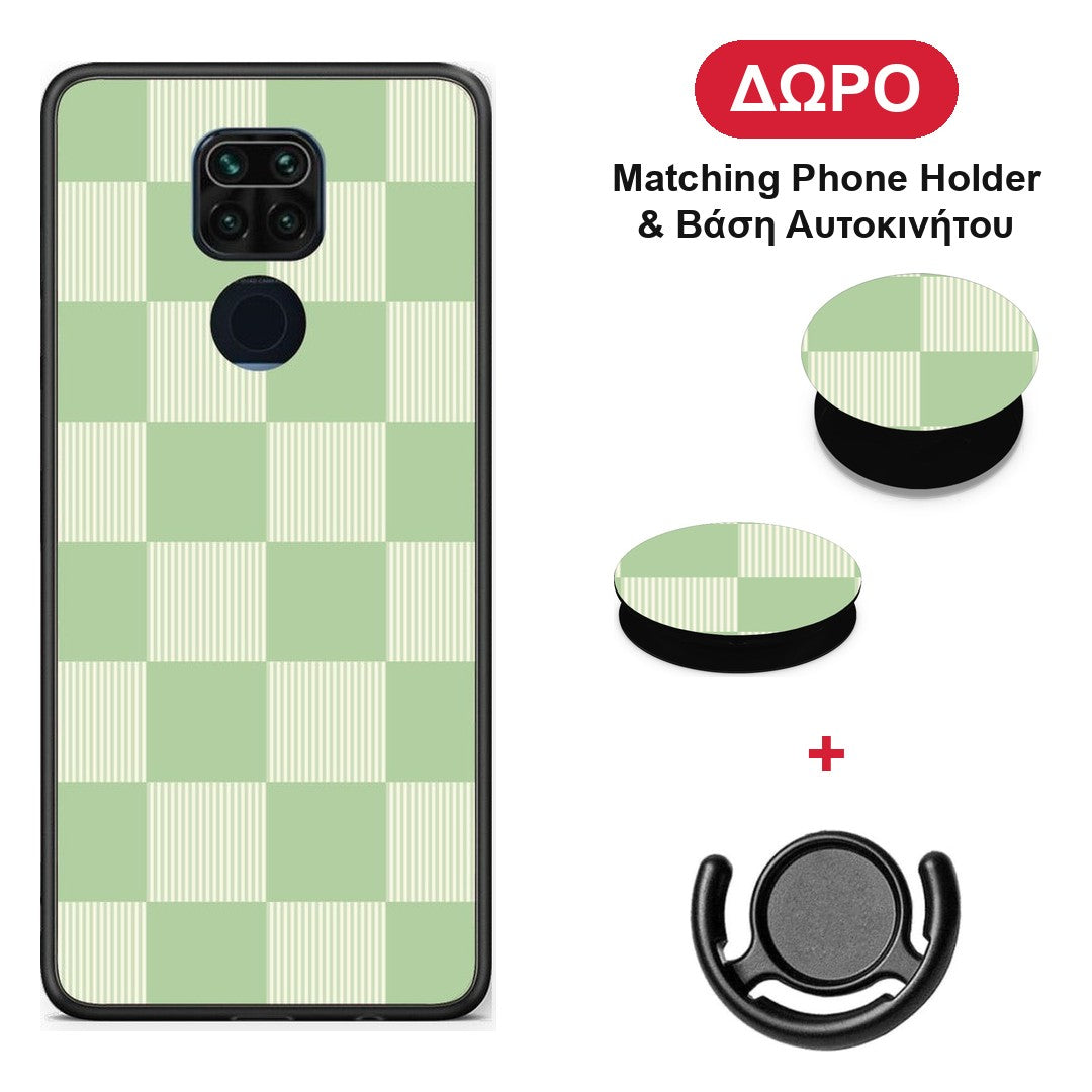 Sage and Cream Striped Checks - Xiaomi Redmi Note 9 θήκη + Δώρο Phone Holder & Βάση Αυτοκινήτου