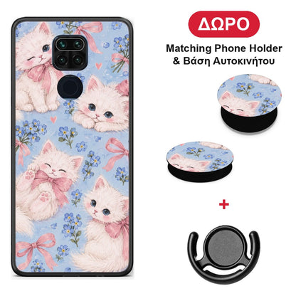 White Kittens and Blue Flowers Large - Xiaomi Redmi Note 9 θήκη + Δώρο Phone Holder & Βάση Αυτοκινήτου