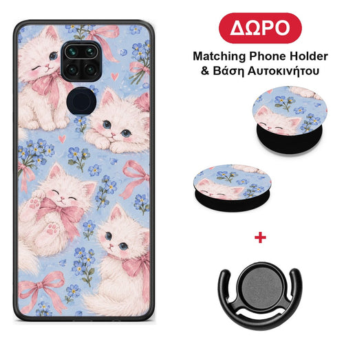 White Kittens and Blue Flowers Large - Xiaomi Redmi Note 9 θήκη + Δώρο Phone Holder & Βάση Αυτοκινήτου