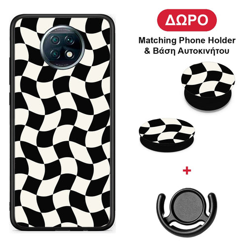 Black and Cream Wavy Checkerboard - Xiaomi Redmi Note 9T θήκη + Δώρο Phone Holder & Βάση Αυτοκινήτου