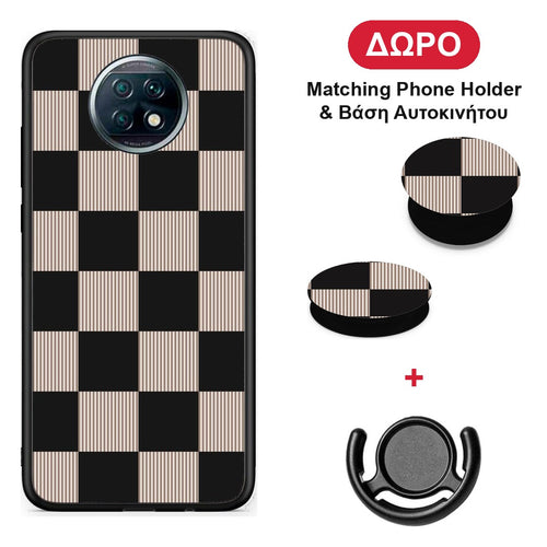 Black and Taupe Striped Checks - Xiaomi Redmi Note 9T θήκη + Δώρο Phone Holder & Βάση Αυτοκινήτου