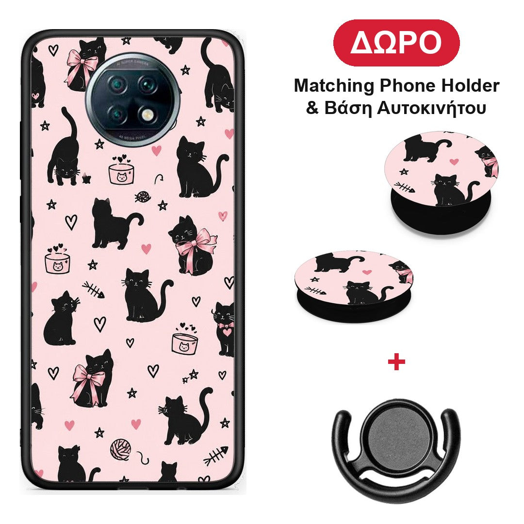Black Cat Doodles on Pink - Xiaomi Redmi Note 9T θήκη + Δώρο Phone Holder & Βάση Αυτοκινήτου