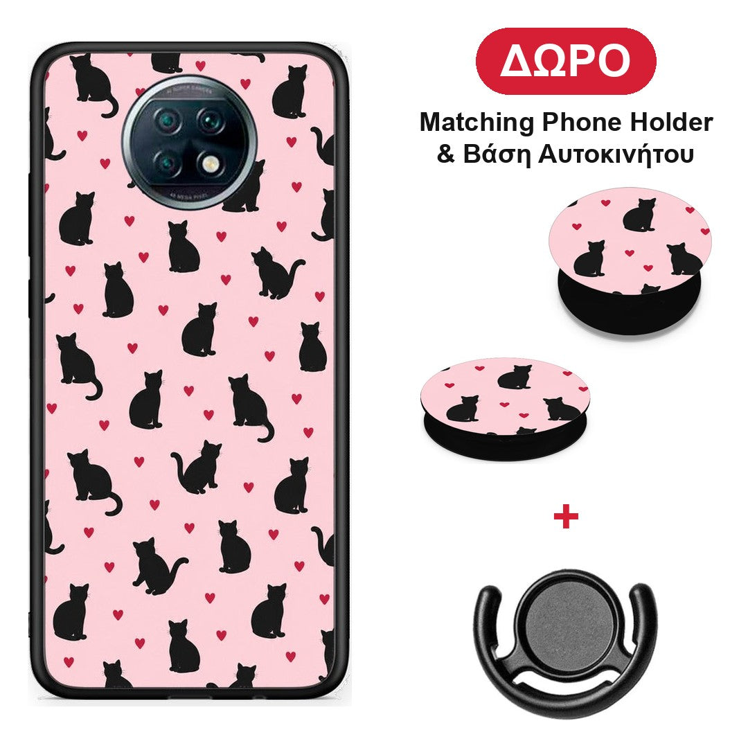 Black Cat Silhouettes and Hearts on Pink - Xiaomi Redmi Note 9T θήκη + Δώρο Phone Holder & Βάση Αυτοκινήτου