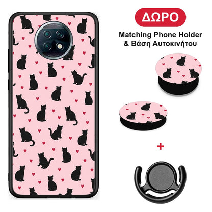 Black Cat Silhouettes and Hearts on Pink - Xiaomi Redmi Note 9T θήκη + Δώρο Phone Holder & Βάση Αυτοκινήτου