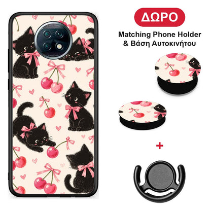 Black Kittens and Cherries on Cream - Xiaomi Redmi Note 9T θήκη + Δώρο Phone Holder & Βάση Αυτοκινήτου