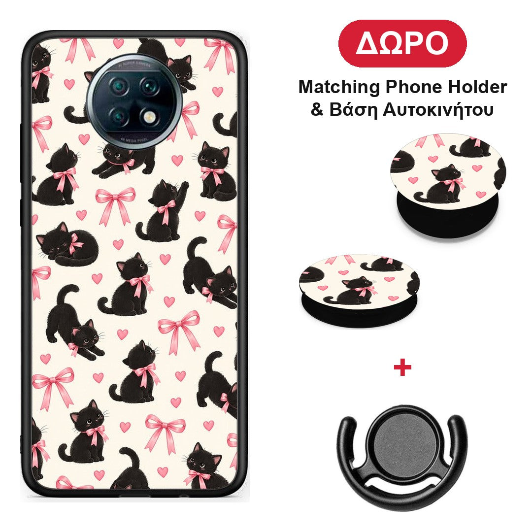 Black Kittens and Pink Bows on Cream Small - Xiaomi Redmi Note 9T θήκη + Δώρο Phone Holder & Βάση Αυτοκινήτου