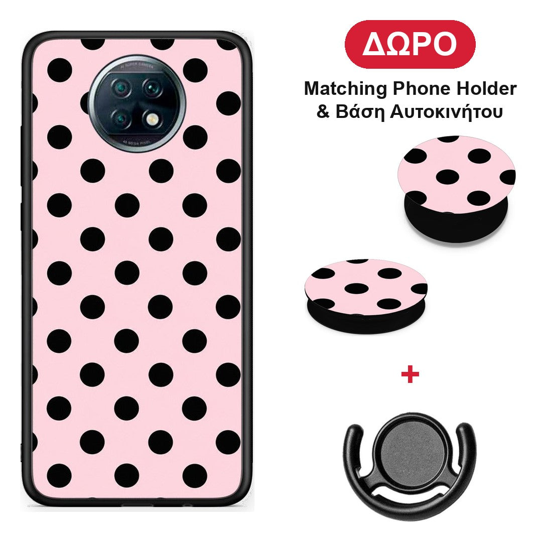 Black Polka Dots on Pink - Xiaomi Redmi Note 9T θήκη + Δώρο Phone Holder & Βάση Αυτοκινήτου