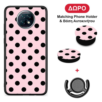Black Polka Dots on Pink - Xiaomi Redmi Note 9T θήκη + Δώρο Phone Holder & Βάση Αυτοκινήτου