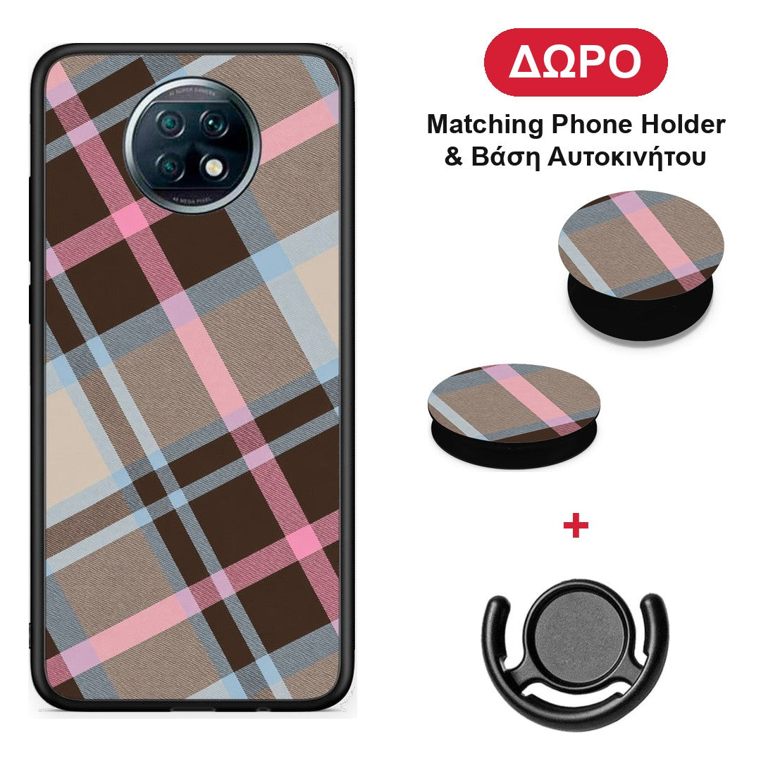 Brown Pink and Blue Diagonal Plaid - Xiaomi Redmi Note 9T θήκη + Δώρο Phone Holder & Βάση Αυτοκινήτου