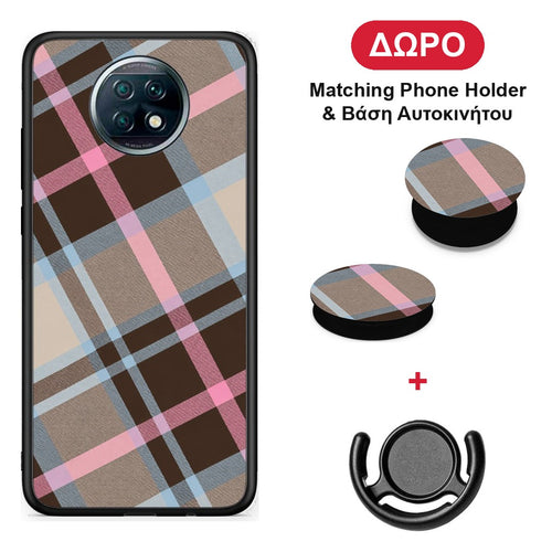 Brown Pink and Blue Diagonal Plaid - Xiaomi Redmi Note 9T θήκη + Δώρο Phone Holder & Βάση Αυτοκινήτου