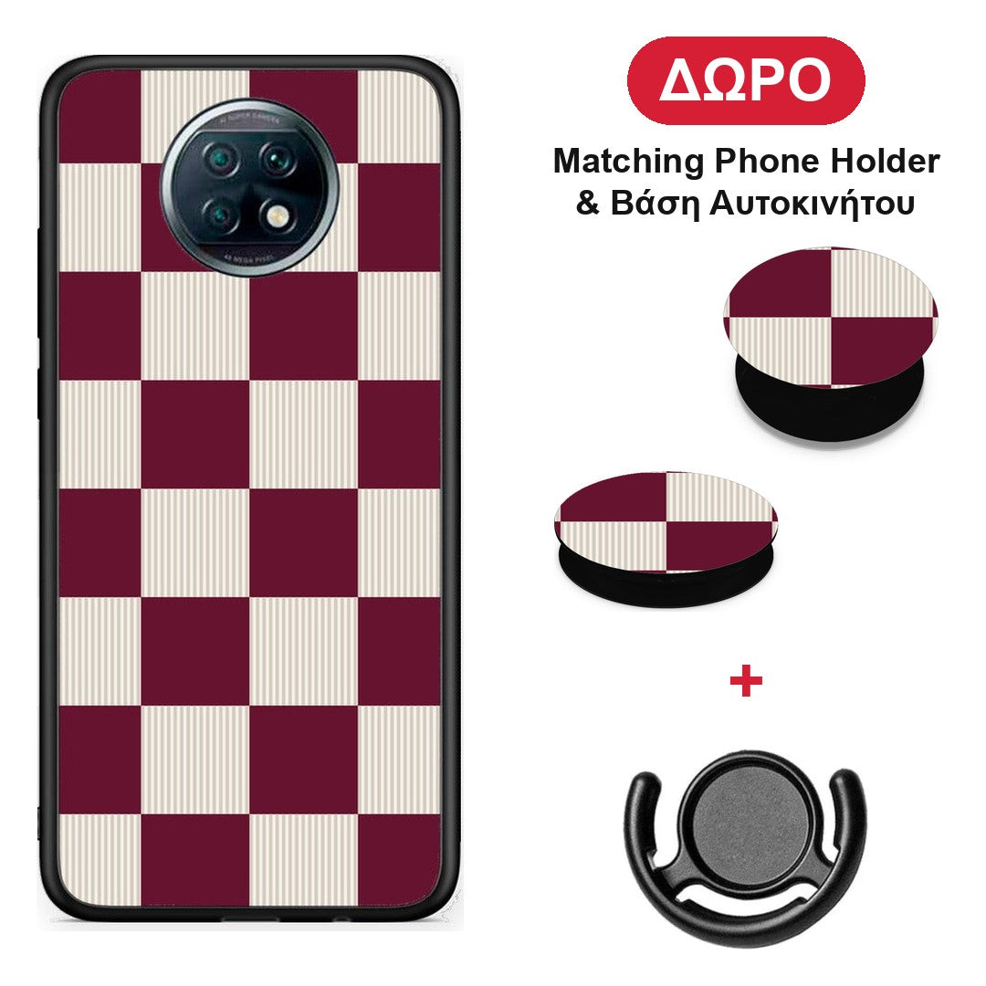 Burgundy and Cream Striped Checks - Xiaomi Redmi Note 9T θήκη + Δώρο Phone Holder & Βάση Αυτοκινήτου