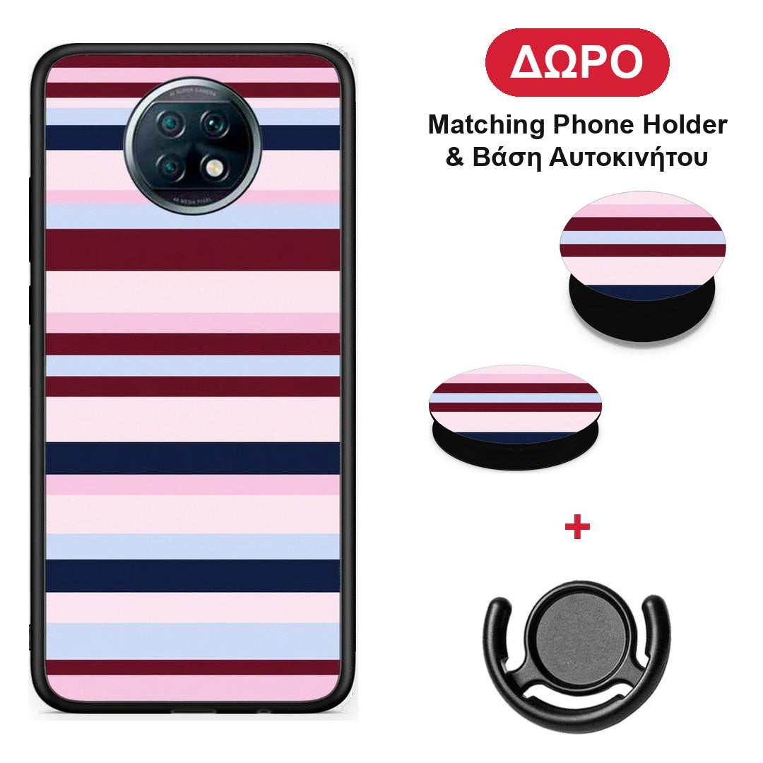 Burgundy Pink and Blue Horizontal Stripes - Xiaomi Redmi Note 9T θήκη + Δώρο Phone Holder & Βάση Αυτοκινήτου