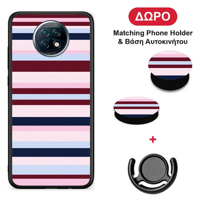 Burgundy Pink and Blue Horizontal Stripes - Xiaomi Redmi Note 9T θήκη + Δώρο Phone Holder & Βάση Αυτοκινήτου