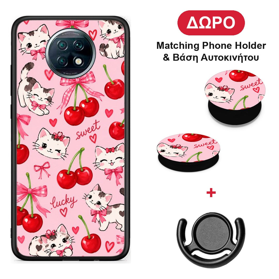 Cherries Bows and Kittens on Pink - Xiaomi Redmi Note 9T θήκη + Δώρο Phone Holder & Βάση Αυτοκινήτου
