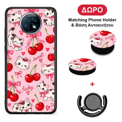 Cherries Bows and Kittens on Pink - Xiaomi Redmi Note 9T θήκη + Δώρο Phone Holder & Βάση Αυτοκινήτου