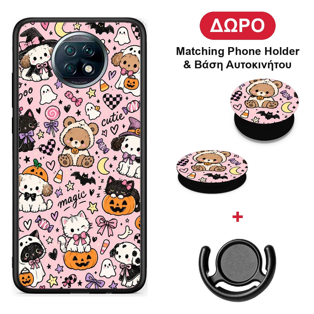 Halloween Cute Animals on Pink - Xiaomi Redmi Note 9T θήκη + Δώρο Phone Holder & Βάση Αυτοκινήτου