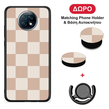 Latte and Cream Striped Checks - Xiaomi Redmi Note 9T θήκη + Δώρο Phone Holder & Βάση Αυτοκινήτου