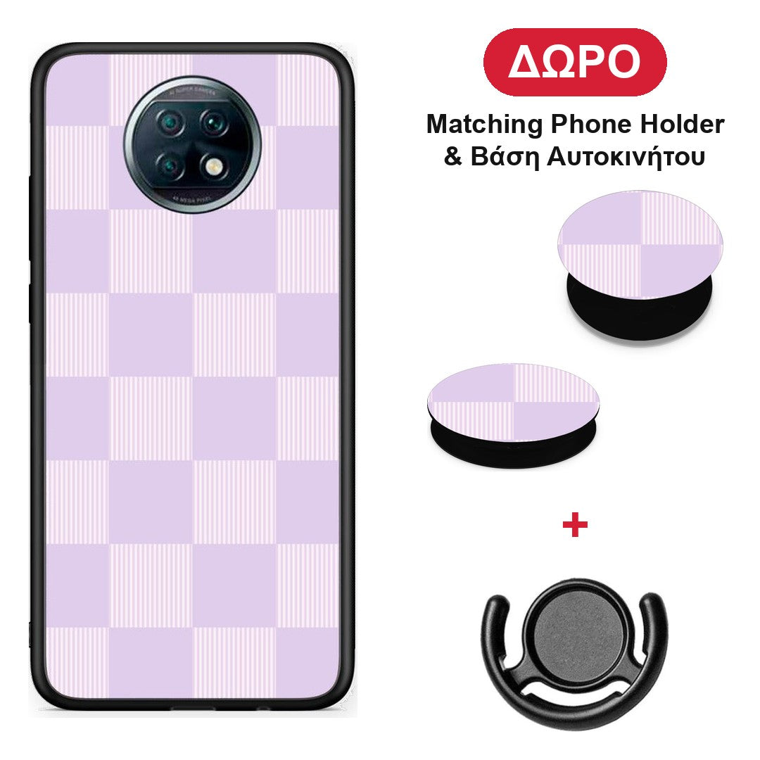 Lilac and Cream Striped Checks - Xiaomi Redmi Note 9T θήκη + Δώρο Phone Holder & Βάση Αυτοκινήτου