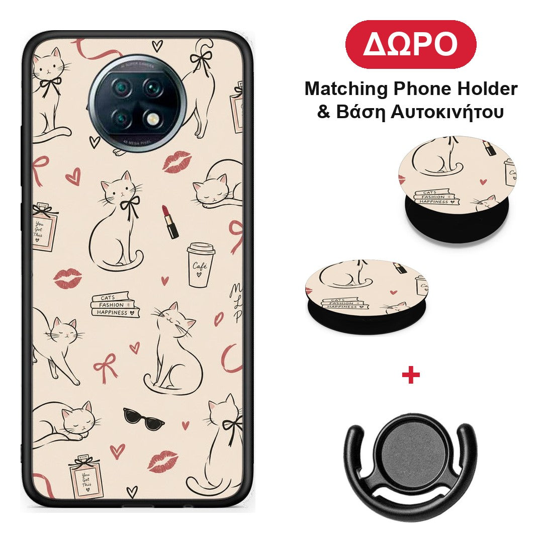 Minimal Cat and Fashion Doodles on Cream - Xiaomi Redmi Note 9T θήκη + Δώρο Phone Holder & Βάση Αυτοκινήτου
