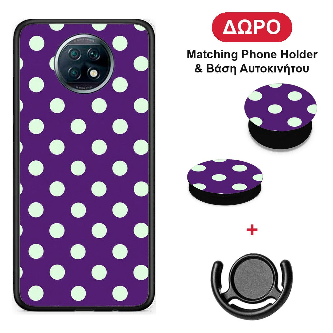 Mint Polka Dots on Purple - Xiaomi Redmi Note 9T θήκη + Δώρο Phone Holder & Βάση Αυτοκινήτου