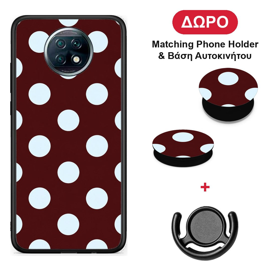 Pale Blue Large Polka Dots on Burgundy - Xiaomi Redmi Note 9T θήκη + Δώρο Phone Holder & Βάση Αυτοκινήτου