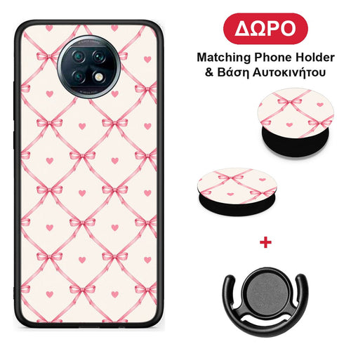 Pink Bow Lattice and Hearts on Cream - Xiaomi Redmi Note 9T θήκη + Δώρο Phone Holder & Βάση Αυτοκινήτου