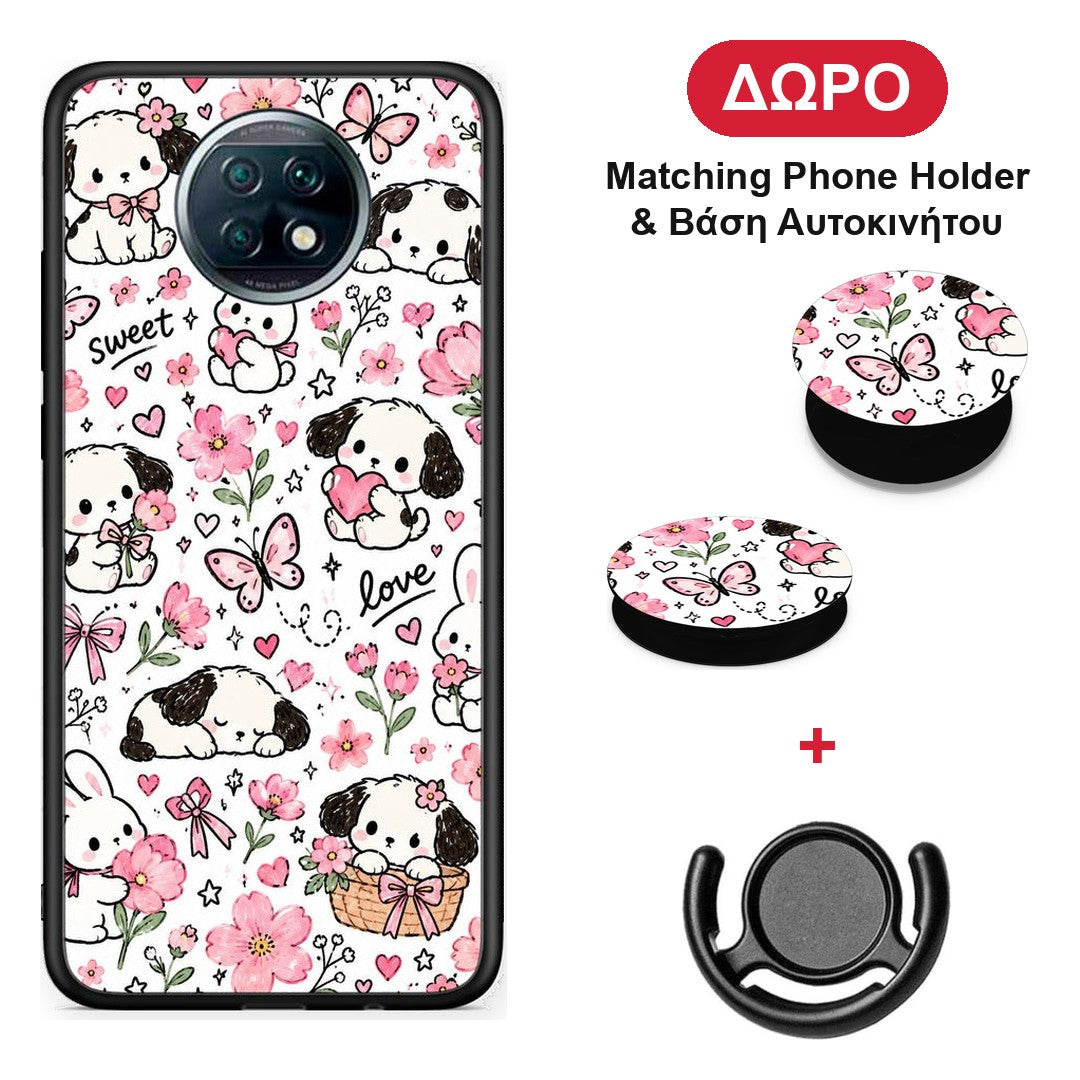Pink Florals Puppies and Bunnies on White - Xiaomi Redmi Note 9T θήκη + Δώρο Phone Holder & Βάση Αυτοκινήτου