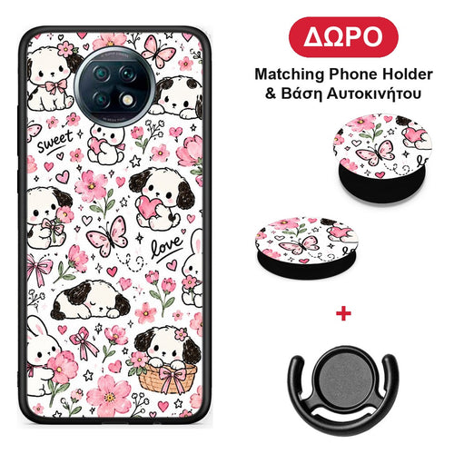 Pink Florals Puppies and Bunnies on White - Xiaomi Redmi Note 9T θήκη + Δώρο Phone Holder & Βάση Αυτοκινήτου