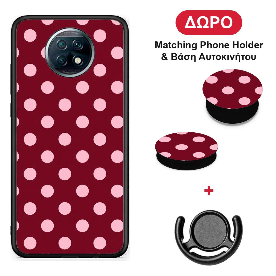 Pink Polka Dots on Burgundy - Xiaomi Redmi Note 9T θήκη + Δώρο Phone Holder & Βάση Αυτοκινήτου