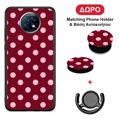 Pink Polka Dots on Burgundy - Xiaomi Redmi Note 9T θήκη + Δώρο Phone Holder & Βάση Αυτοκινήτου