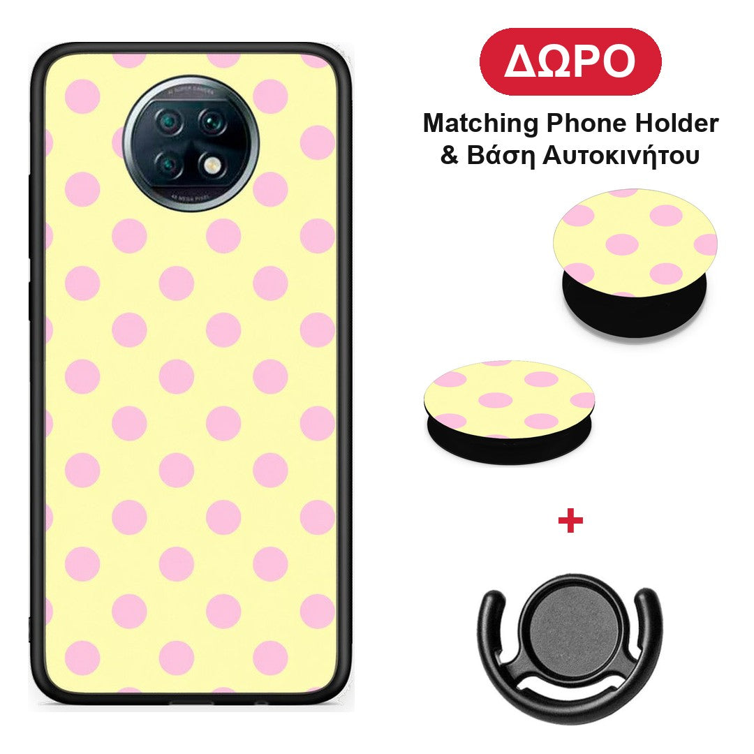 Pink Polka Dots on Yellow - Xiaomi Redmi Note 9T θήκη + Δώρο Phone Holder & Βάση Αυτοκινήτου