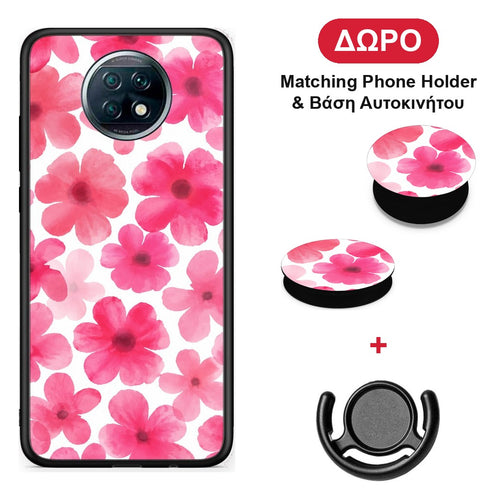 Pink Watercolour Flowers on White - Xiaomi Redmi Note 9T θήκη + Δώρο Phone Holder & Βάση Αυτοκινήτου