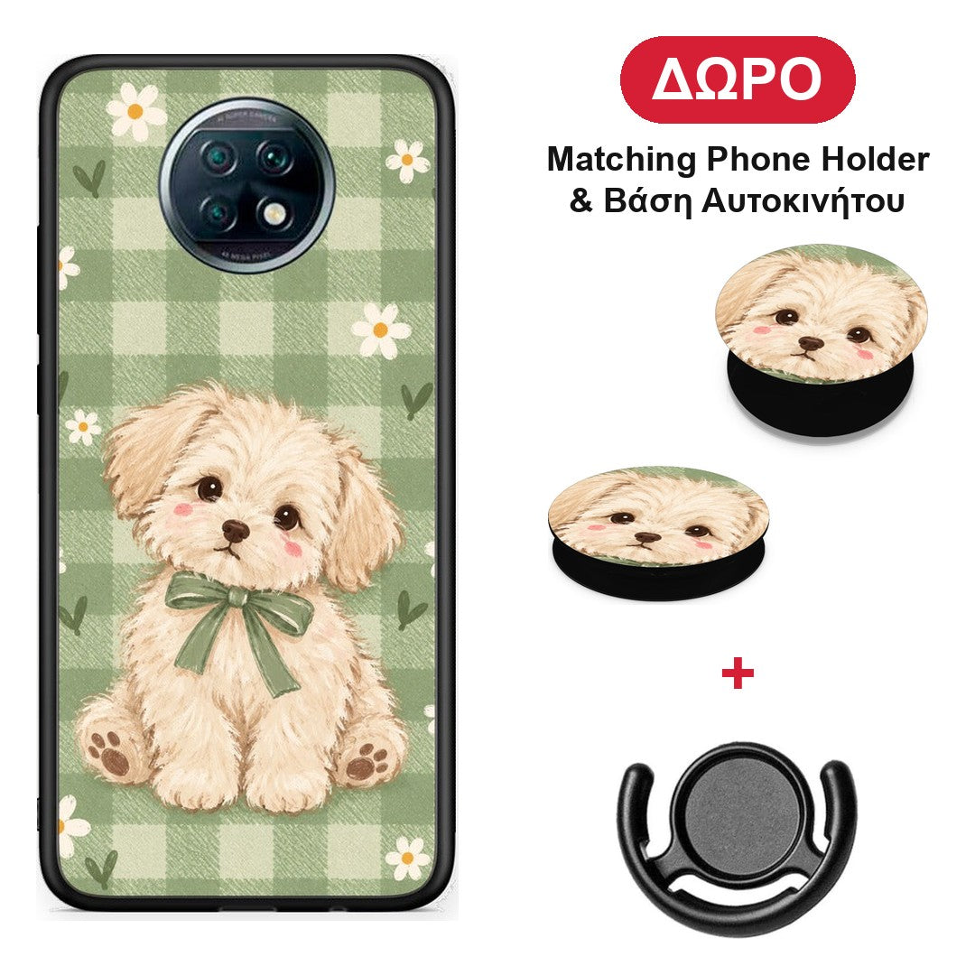 Puppy and Daisies on Sage Gingham - Xiaomi Redmi Note 9T θήκη + Δώρο Phone Holder & Βάση Αυτοκινήτου