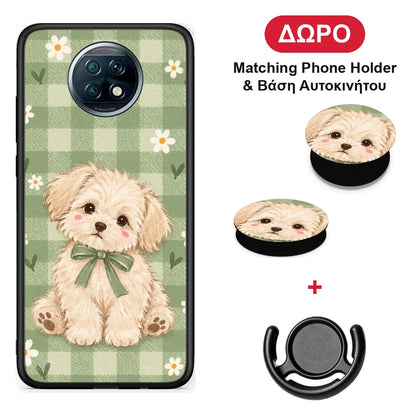 Puppy and Daisies on Sage Gingham - Xiaomi Redmi Note 9T θήκη + Δώρο Phone Holder & Βάση Αυτοκινήτου