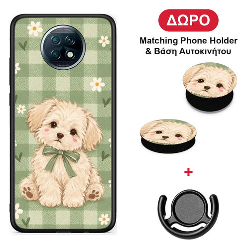Puppy and Daisies on Sage Gingham - Xiaomi Redmi Note 9T θήκη + Δώρο Phone Holder & Βάση Αυτοκινήτου