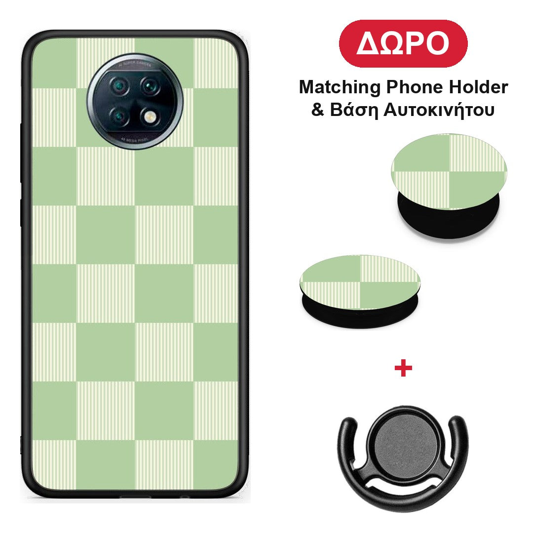 Sage and Cream Striped Checks - Xiaomi Redmi Note 9T θήκη + Δώρο Phone Holder & Βάση Αυτοκινήτου