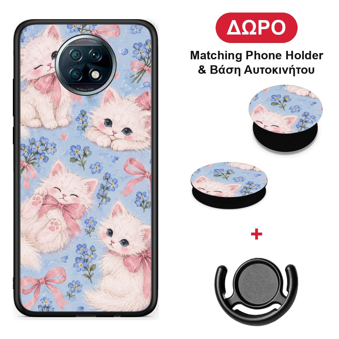 White Kittens and Blue Flowers Large - Xiaomi Redmi Note 9T θήκη + Δώρο Phone Holder & Βάση Αυτοκινήτου