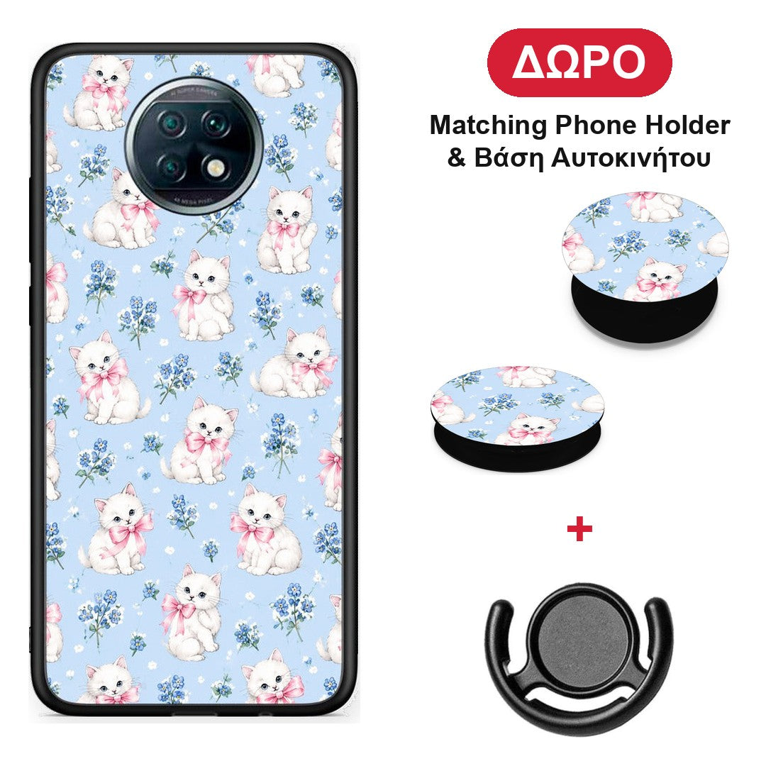 White Kittens and Blue Flowers Small - Xiaomi Redmi Note 9T θήκη + Δώρο Phone Holder & Βάση Αυτοκινήτου