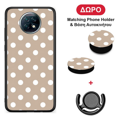 White Polka Dots on Taupe - Xiaomi Redmi Note 9T θήκη + Δώρο Phone Holder & Βάση Αυτοκινήτου