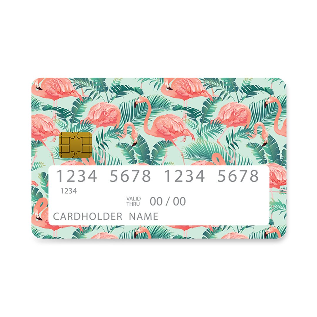 Επικάλυψη Τραπεζικής Κάρτας σε σχέδιο Flamingo Green Tropic σε λευκό φόντο