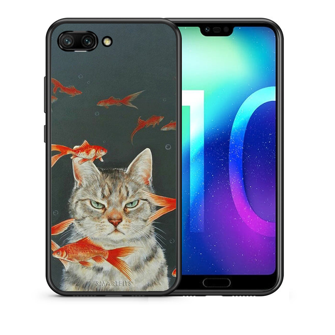 Θήκη Honor 10 Cat Goldfish από τη Smartfits με σχέδιο στο πίσω μέρος και μαύρο περίβλημα | Honor 10 Cat Goldfish case with colorful back and black bezels